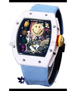 Richard Mille RM088 Smiley Tourbillon White Ceramic Casing Blue Nylon Strap Replica Watch 