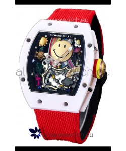 Richard Mille RM088 Smiley Tourbillon White Ceramic Casing Red Nylon Strap Replica Watch 