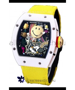 Richard Mille RM088 Smiley Tourbillon White Ceramic Casing Yellow Nylon Strap Replica Watch 