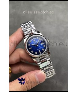 Rolex Day Date Super Clone Stainless Steel Blue Dial Diamonds Numerals Watch 36MM - 1:1 Mirror Quality