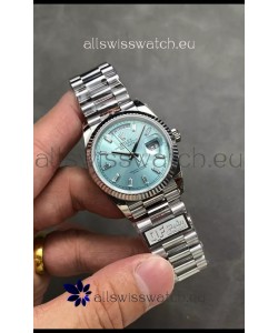 Rolex Day Date Super Clone Stainless Steel Ice Blue Dial Crystal Numerals Watch 36MM - 1:1 Mirror Quality