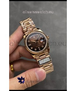 Rolex Day Date Super Clone Rose Gold Brown Dial Diamonds Numerals Watch 36MM - 1:1 Mirror Quality