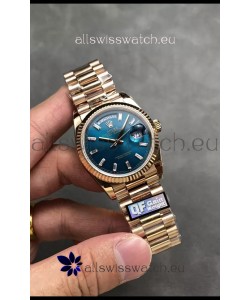 Rolex Day Date Super Clone Rose Gold Blue Dial Crystal Numerals Watch 36MM - 1:1 Mirror Quality