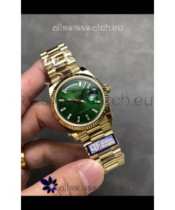 Rolex Day Date Super Clone Yellow Gold Green Dial Crystal Numerals Watch 36MM - 1:1 Mirror Quality