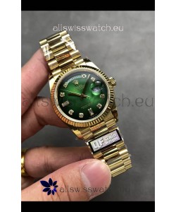 Rolex Day Date Super Clone Yellow Gold Green Dial Diamonds Numerals Watch 36MM - 1:1 Mirror Quality