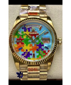 Rolex Day Date Emoji Jig-Saw Puzzle Yellow Gold Casing Swiss Replica Watch 
