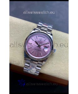 Rolex Day Date Super Clone Stainless Steel Pink Sunburst Dial Crystal Numerals Watch 36MM - 1:1 Mirror Quality