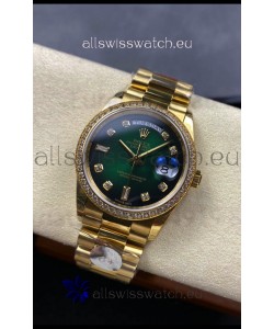 Rolex Day Date Super Clone Yellow Gold Green Dial Diamonds Numerals Watch 36MM - 1:1 Mirror Quality