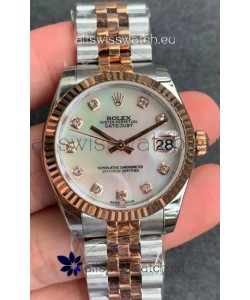 Rolex Datejust 31MM ETA-2671 Movement Swiss Replica in 904L Two Tone Rose Gold in Pearl Dial