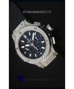Hublot Big Bang Carbon Dial Diamonds Studded Stainless Steel Swiss Watch 