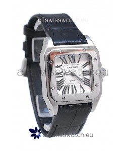 Cartier Santos 100 Japanese Ladies Replica Watch in Black Leather Strap