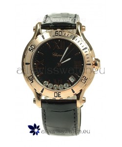 Chopard Happy Sport Diamonds Edition Replica Gold Watch in Black Strap