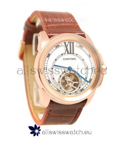 Calibre de Cartier Flying Tourbillon Japanese Replica Rose Gold Watch in Brown Strap
