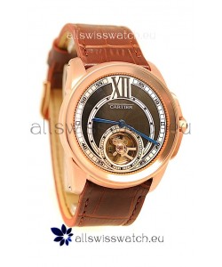 Calibre de Cartier Flying Tourbillon Japanese Replica Rose Gold Watch in Black Dial