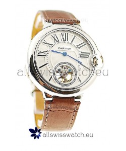 Ballon Bleu De Cartier flying Tourbillon Japanese Replica Steel Watch in Brown Strap