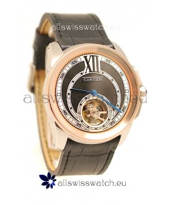 Calibre de Cartier Flying Tourbillon Japanese Replica Rose Gold Watch in Black Dial