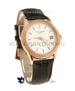 Patek Philippe Geneve Replica Pink Gold Watch in White Dial 