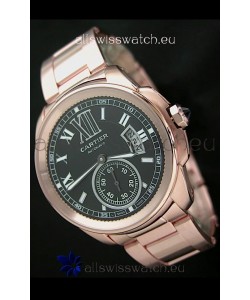 Calibre De Cartier Japanese Automatic Replica Rose Gold Watch in Black Dial
