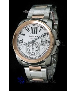 Cartier Calibre de Japanese Replica Rose Gold Watch in White Dial