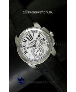 Cartier Calibre de Japanese Replica Steel Watch in Black Leather Strap