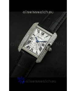 Cartier Louis Japanese Replica Ladies Diamond Watch in Black Strap