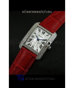 Cartier Louis Japanese Replica Ladies Diamond Watch in Red Strap