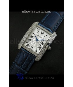 Cartier Louis Japanese Replica Ladies Diamond Watch in Blue Strap