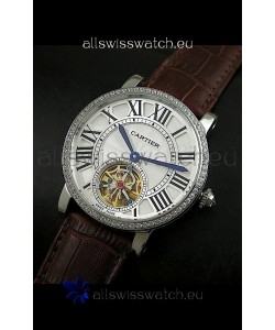 Cartier Ronde de Tourbillon Japanese Replica Diamond Watch in Brown Strap