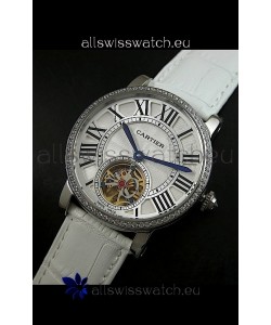 Cartier Ronde de Tourbillon Japanese Replica Diamond Watch in White Strap