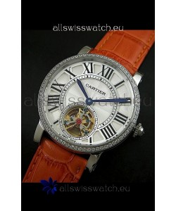 Cartier Ronde de Tourbillon Japanese Replica Diamond Watch in Brown Strap