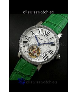 Cartier Ronde de Tourbillon Japanese Replica Diamond Watch in Green Strap