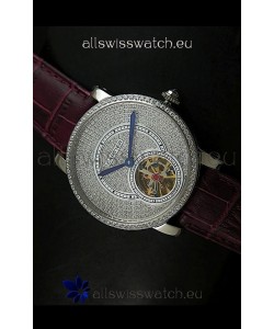 Cartier Ronde de Tourbillon Japanese Replica Diamond Watch in Purple Strap