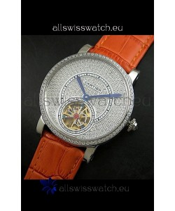 Cartier Ronde de Tourbillon Japanese Replica Diamond Watch in Orange Strap