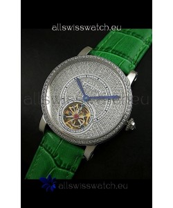 Cartier Ronde de Tourbillon Japanese Replica Diamond Watch in Green Strap
