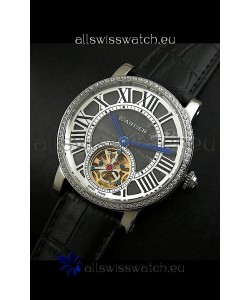 Cartier Ronde de Tourbillon Japanese Replica Diamond Watch in Black Dial