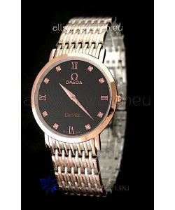 Omega DeVelie Japanese Replica Rose Gold Watch in Black Dial