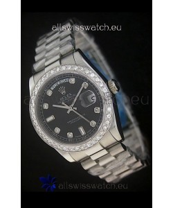 Rolex Day Date Just Japanese Replica Black Watch in Full Diamond Bezel
