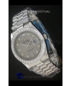 Rolex Day Date Just Japanese Replica Grey Watch in Full Diamond Bezel