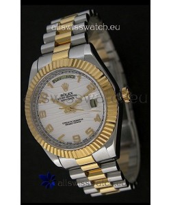 Rolex Day Date Just Japanese Replica Two Tone Gold Watch in White Stripe Pattern Dial