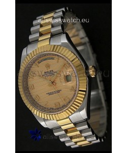 Rolex Day Date Just Japanese Replica Two Tone Gold Watch in Golden Stripe Pattern Dial 
